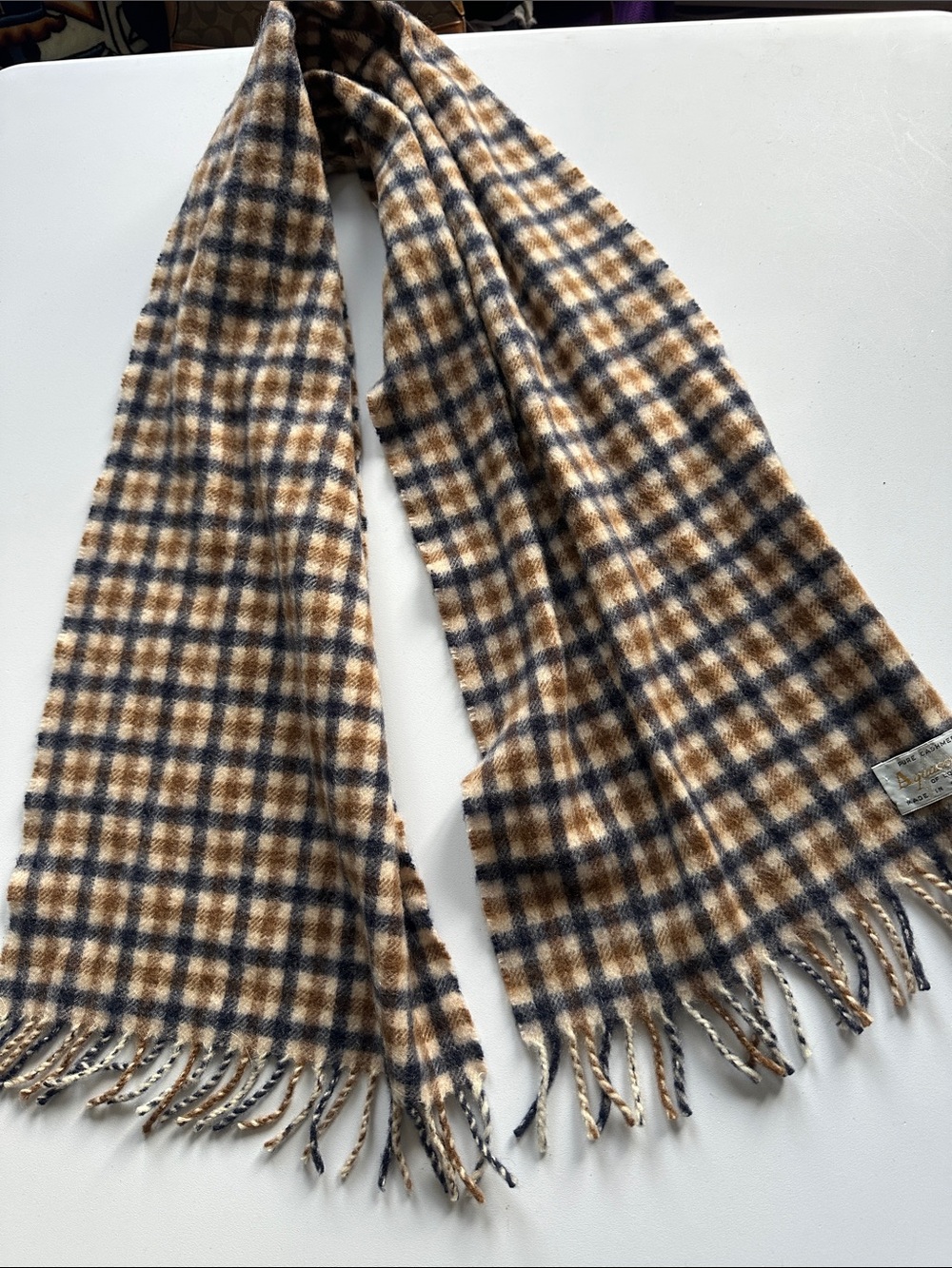 UNISEX Classic Plaid Cashmere Scarf - Tan & Navy